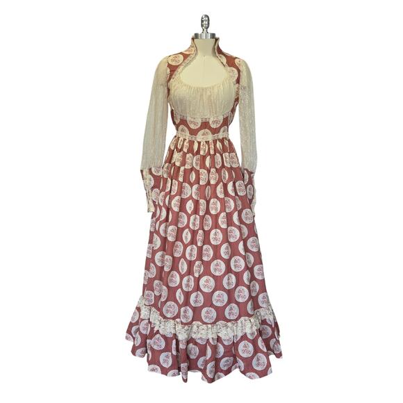 Gunne Sax Red Floral Milkmaid Maxi Dress Size 13 Calico Vintage 70s Prairie - Picture 2 of 14